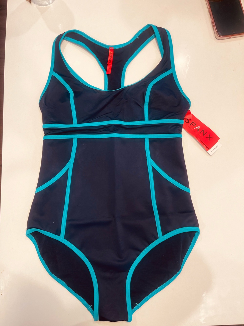 SPANX Navy One-Piece Swim with Turquoise Trim size 8